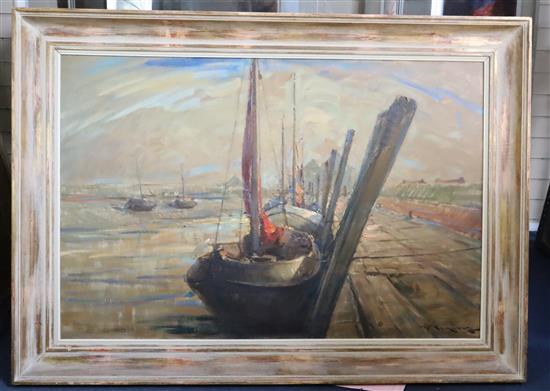 Pierre Verbeke (Belgian 1895-1962) Fishing boats in harbour 79 x 118cm